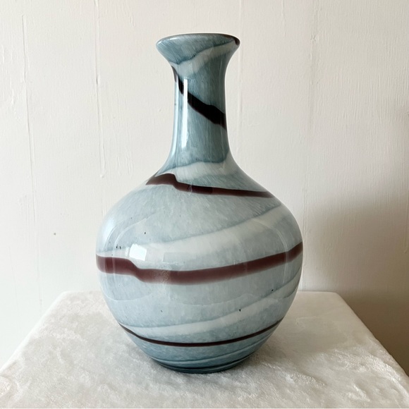 Vintage Murano Blue White Wine Swirled Gourd Glass Vase - Picture 3 of 9